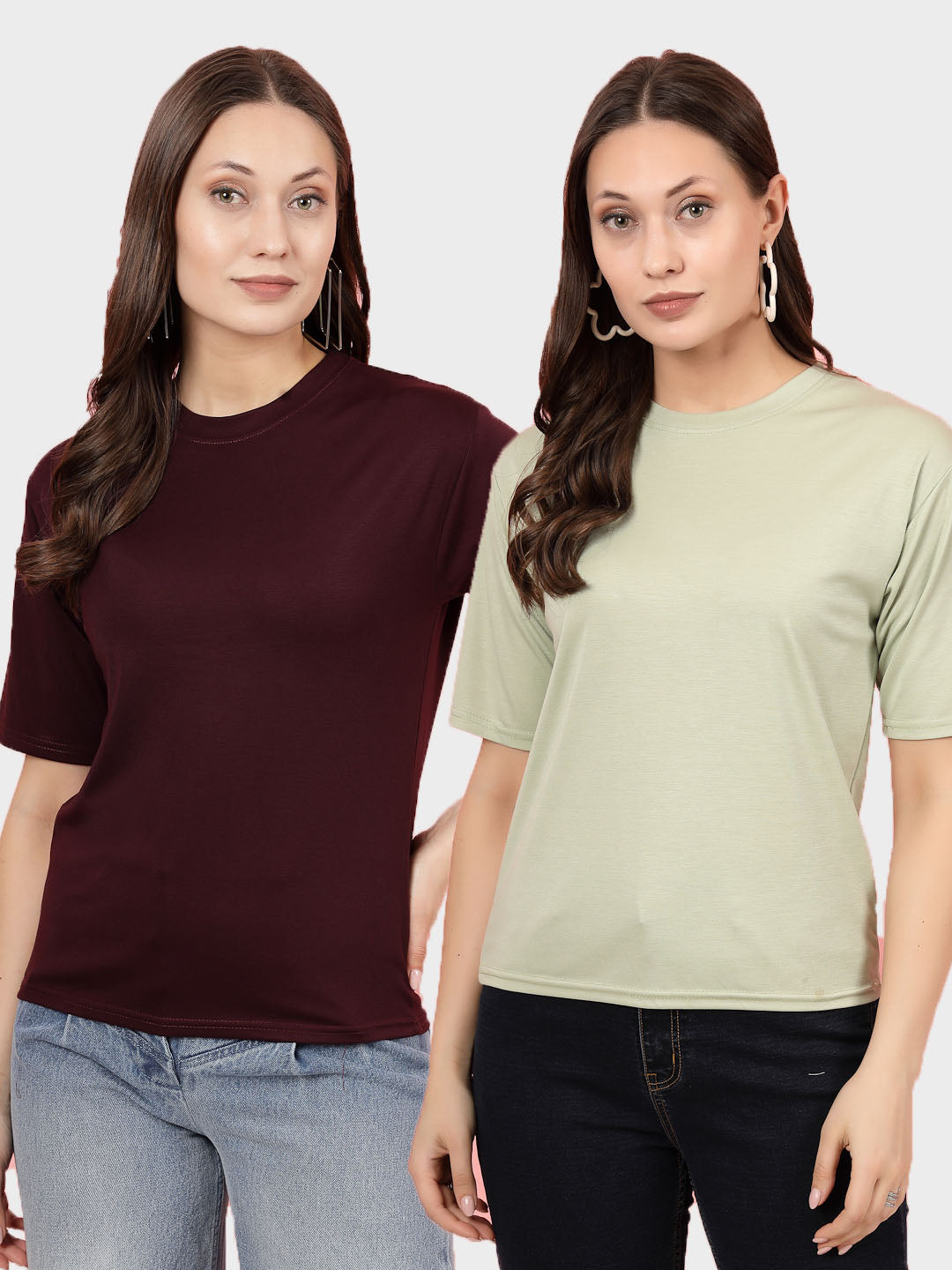 Solid Wine and Pista Green Regular Fit T-Shirts, pack of 2, round neck, short sleeves.