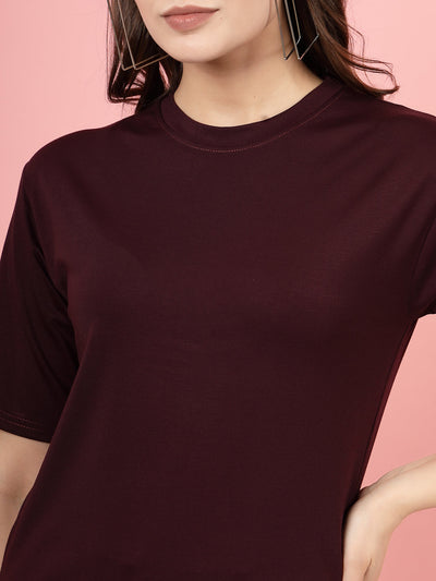 Solid Wine Regular Fit T-Shirt, Round Neck, Short Sleeves, Tencel Fabric