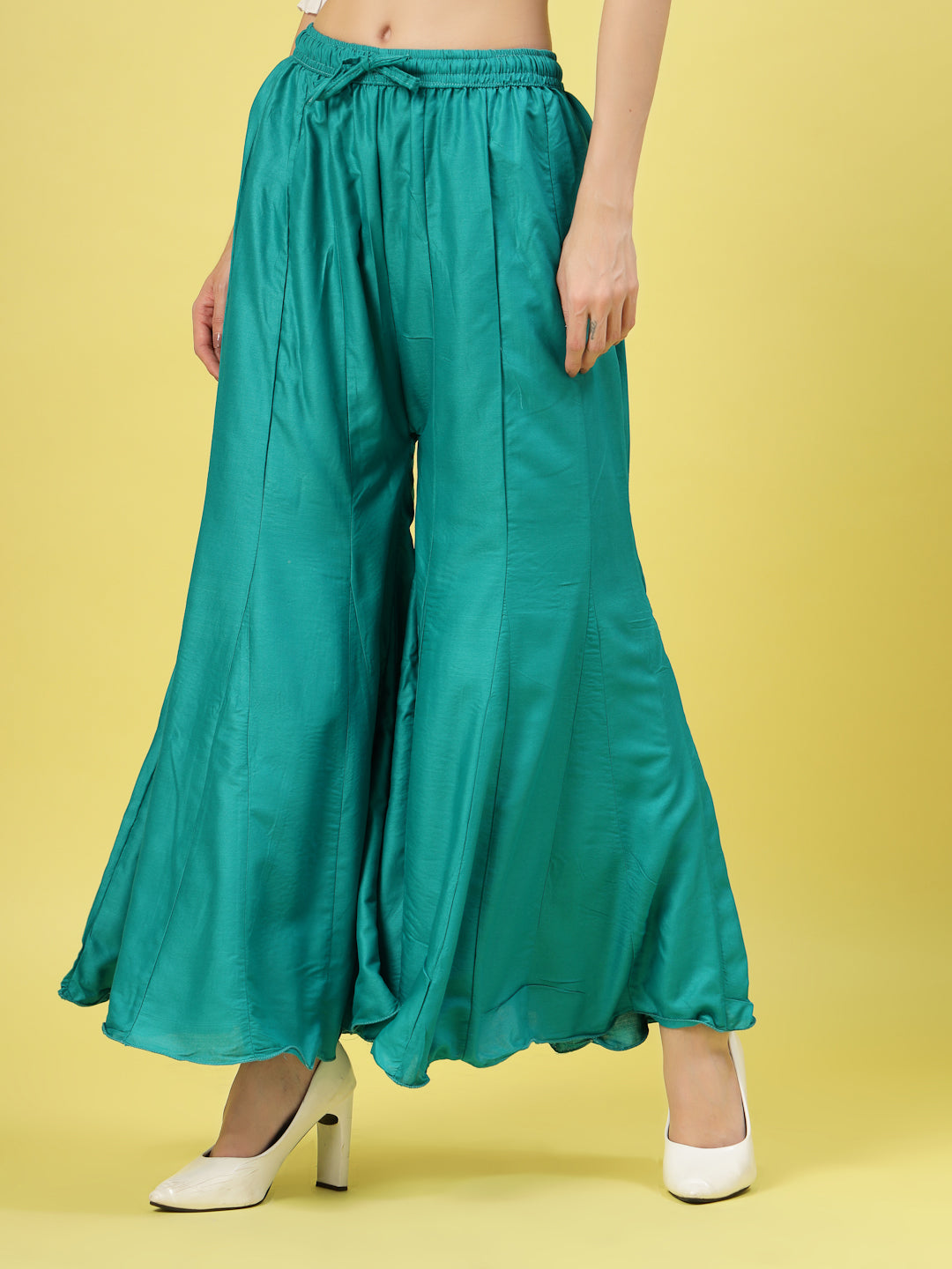 Women Solid Rama Green Flared Rayon Sharara with Elasticated Waistband