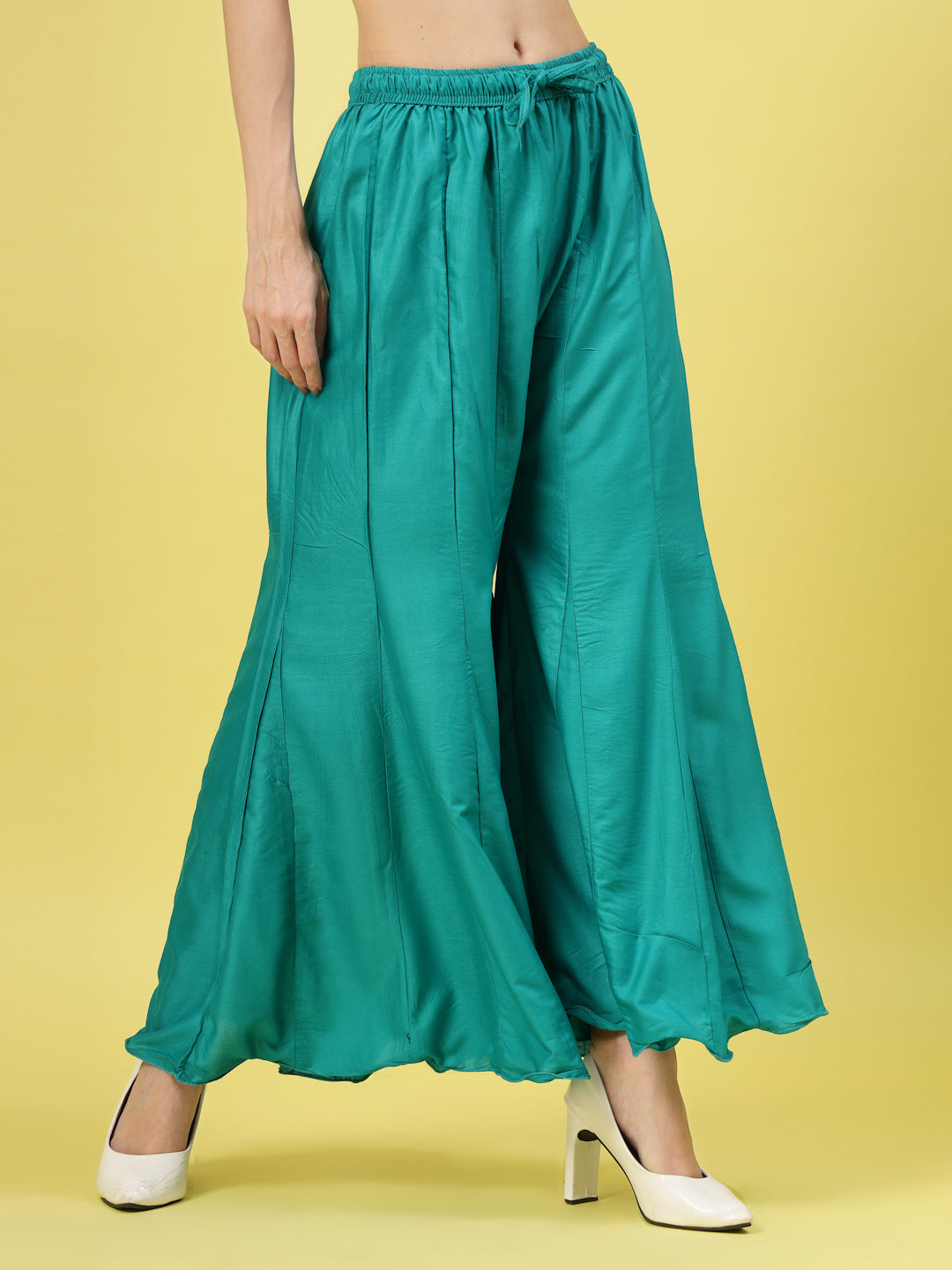 Women Solid Rama Green Flared Rayon Sharara with Elasticated Waistband and Drawstring Closure