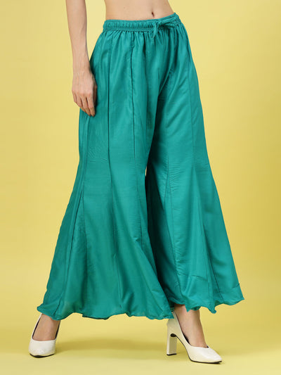 Women Solid Rama Green Flared Rayon Sharara with Elasticated Waistband and Drawstring Closure