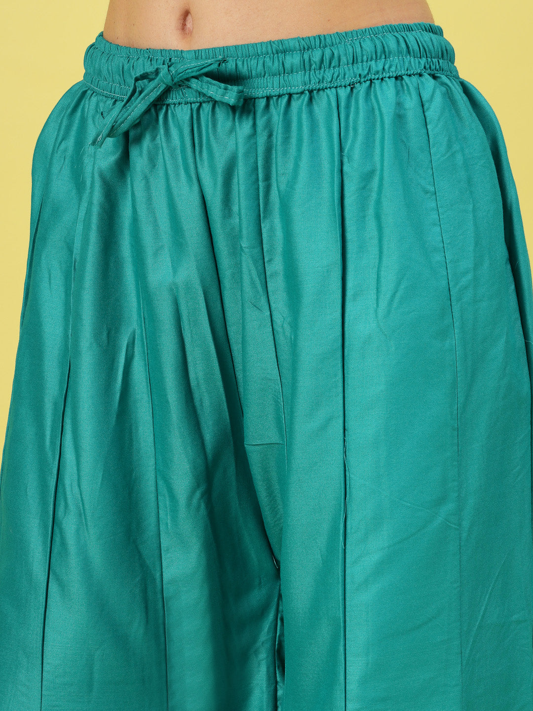 Women Solid Rama Green Flared Rayon Sharara with Elasticated Waistband and Drawstring Closure