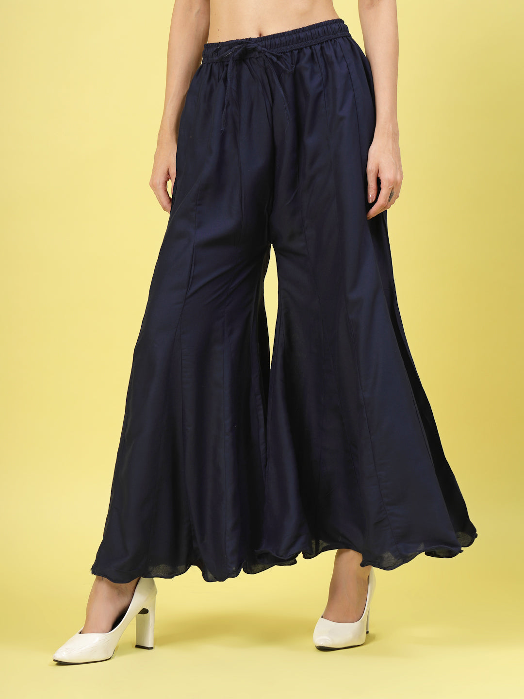 Women Solid Navy Blue Flared Rayon Sharara with Elasticated Waistband and Drawstring Closure