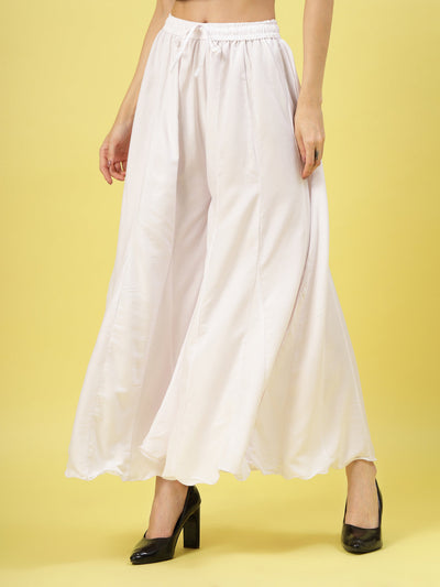 Women Solid White Flared Rayon Sharara with Elasticated Waistband and Drawstring.