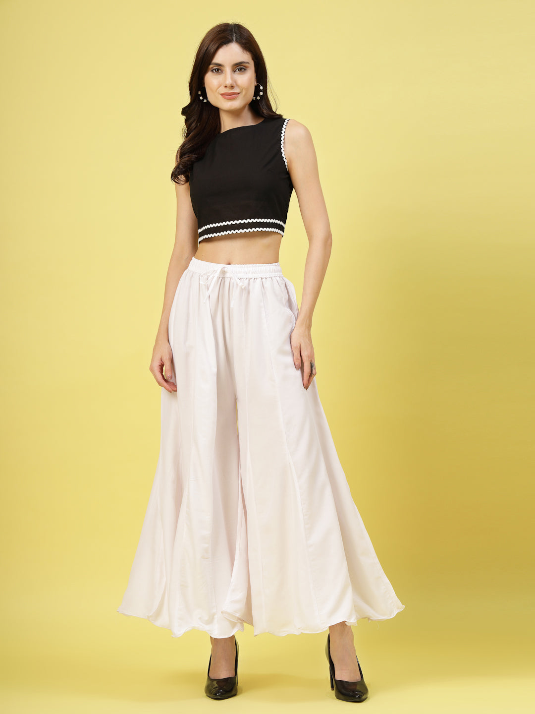 Women Solid White Flared Rayon Sharara with Elasticated Waistband and Drawstring Closure