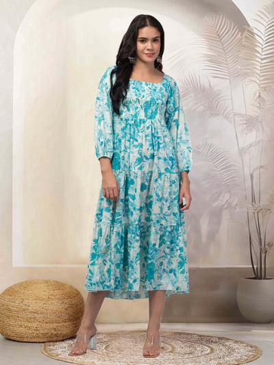 Women Sea Green Printed Fit & Flare Dress with traditional and modern design made from viscose rayon fabric.