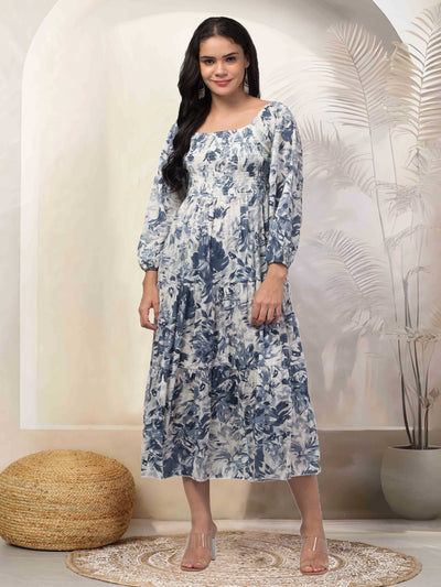 Women grey printed fit & flare dress in viscose rayon fabric.