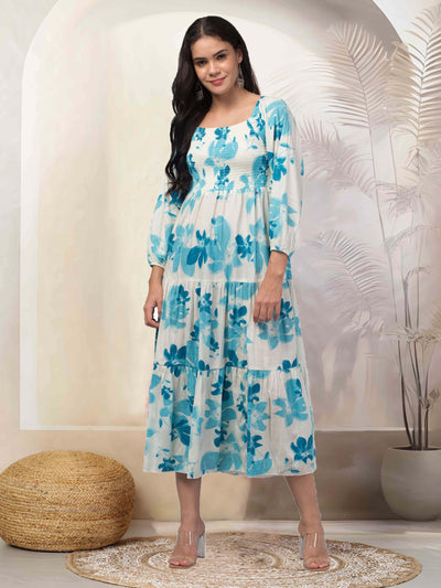 Women Aqua Blue Printed Fit & Flare Dress in Viscose Rayon fabric.