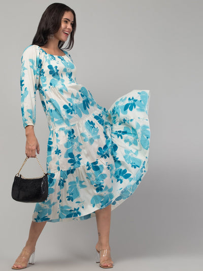 Women wearing Aqua Blue Printed Fit & Flare Dress, showing breathability and ease of movement.