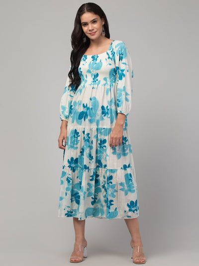 Women Aqua Blue Printed Fit & Flare Dress in Viscose Rayon with floral design.