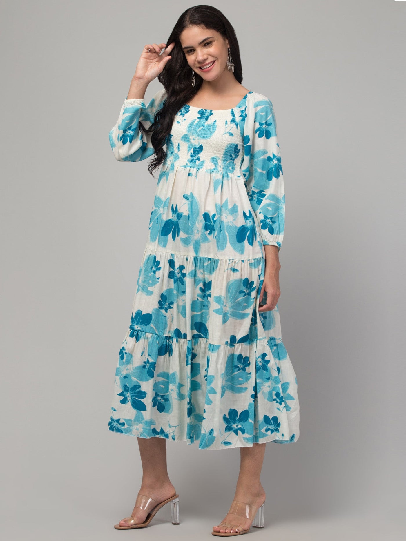 Women aqua blue printed fit & flare dress, viscose rayon fabric, ideal for casual and semi-formal occasions.