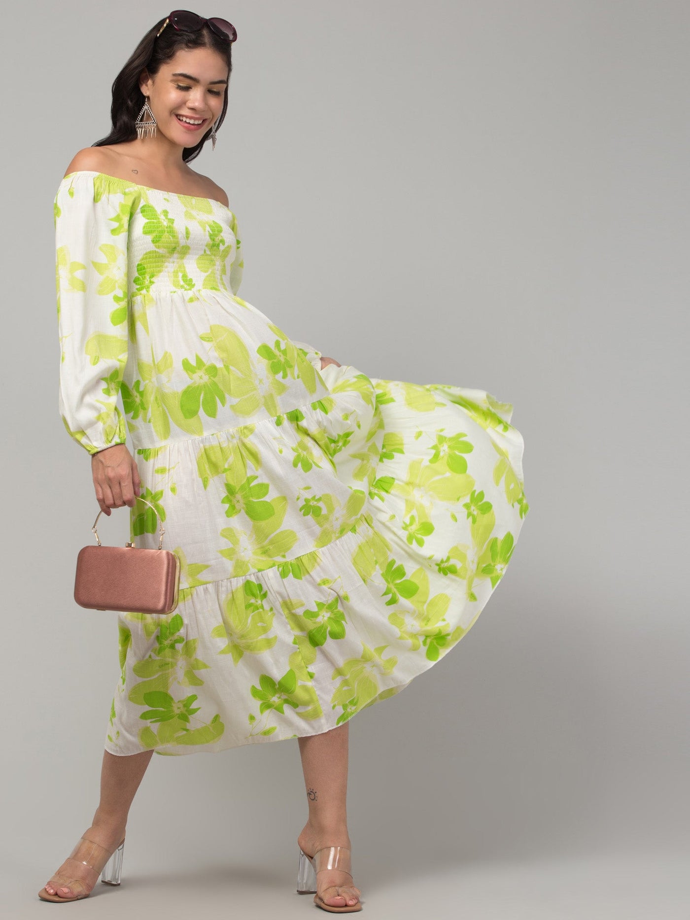 Women parrot green printed fit & flare dress in viscose rayon fabric.