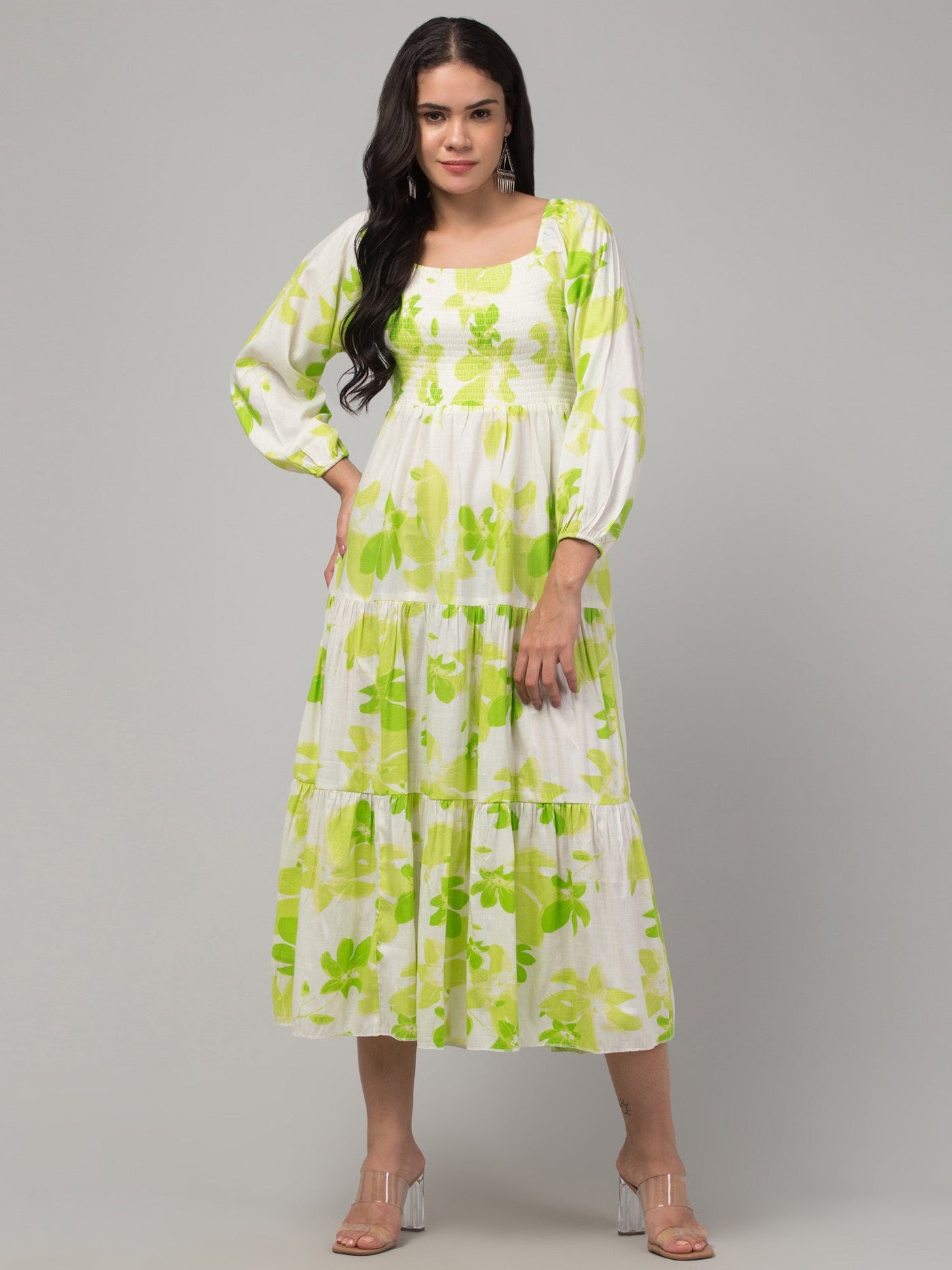 Women Parrot Green Printed Fit & Flare Dress made from Viscose Rayon fabric.