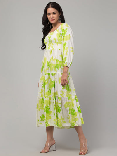 Women parrot green printed fit & flare dress in viscose rayon, ideal for casual and semi-formal events.