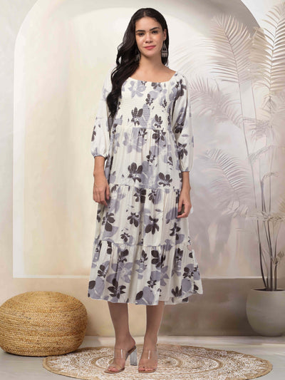 Women black printed fit & flare dress made from viscose rayon fabric.