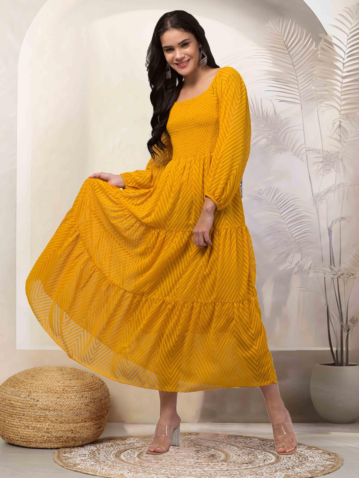 Women Mustard Printed Fit & Flare Dress