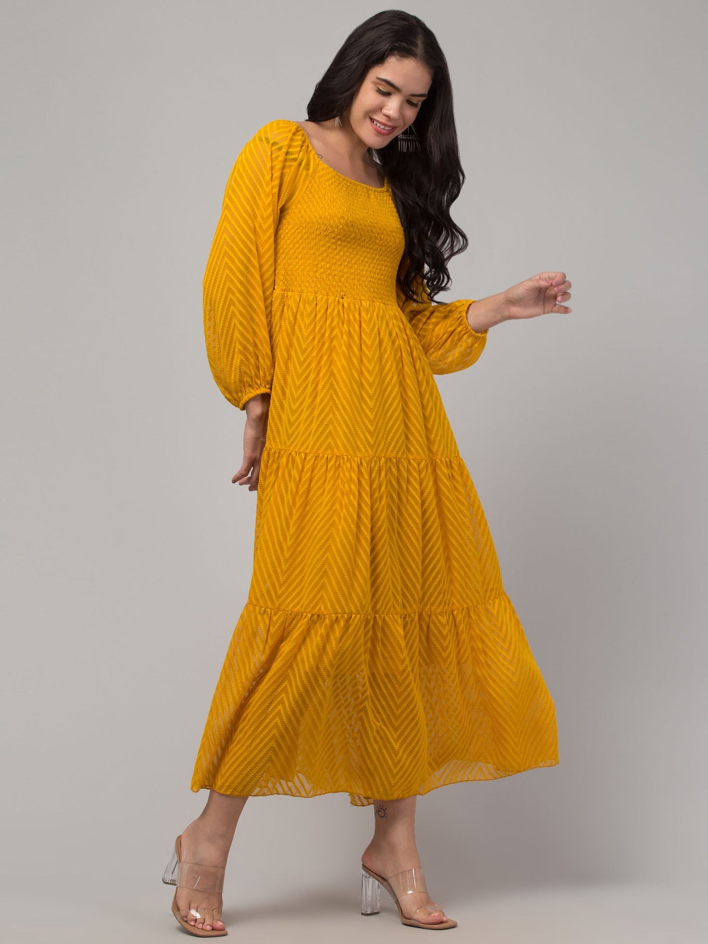 Women Mustard Printed Fit & Flare Dress