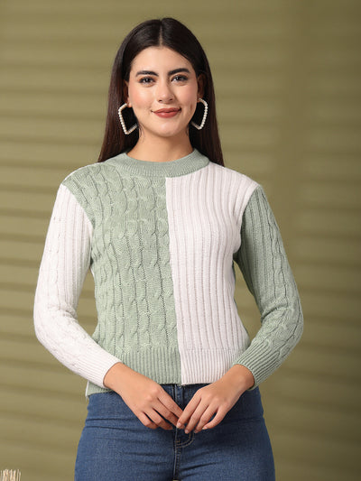 White and green self design woolen top with full sleeves.