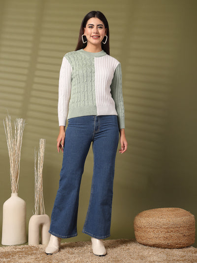 White and green self-design woolen top with full sleeves.