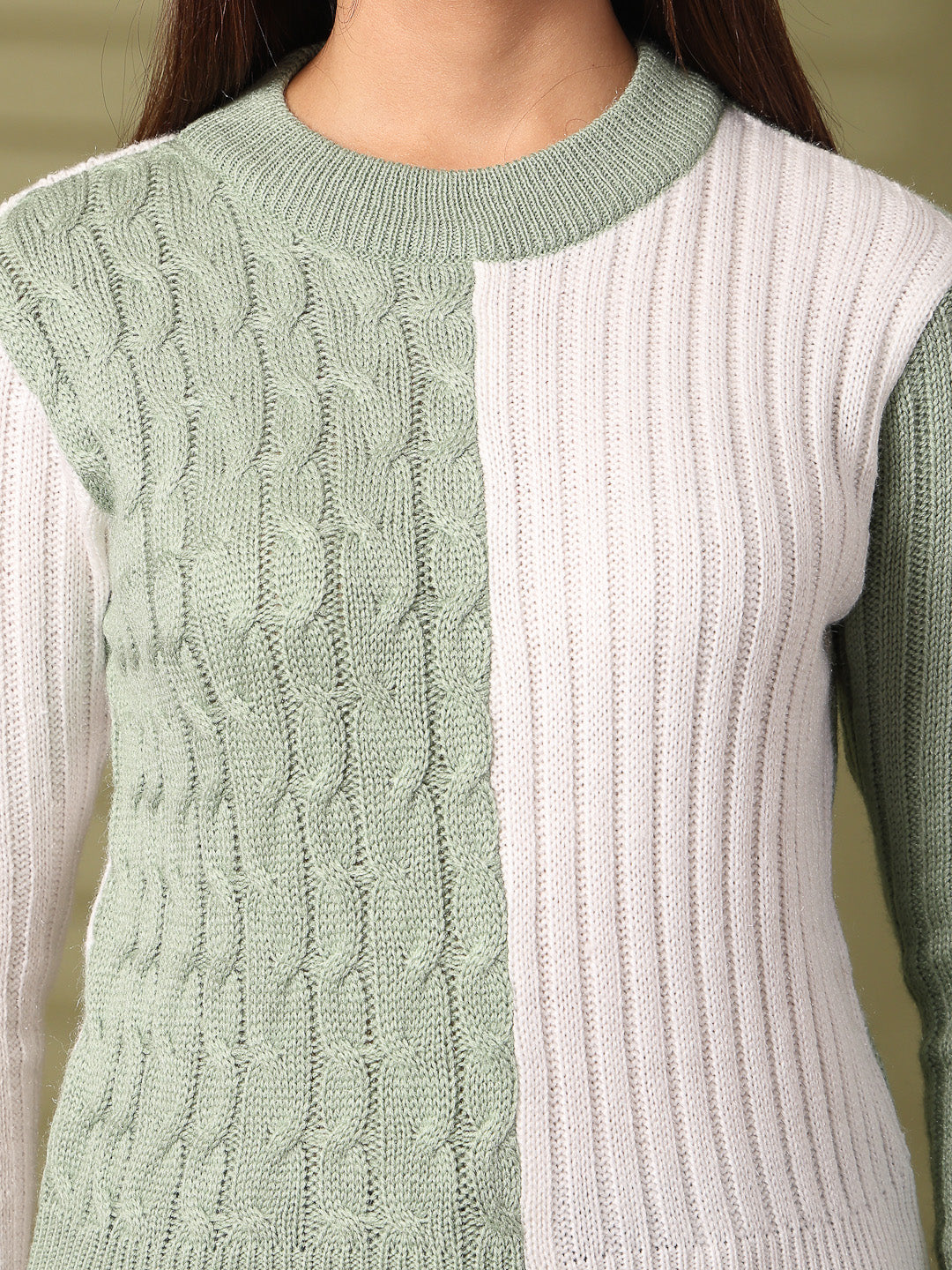 White and green self-design woolen top with full sleeves.