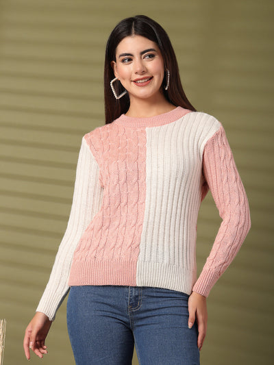 White and peach self design woolen top with full sleeves.