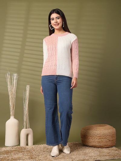 White and peach self-design woolen top with full sleeves.