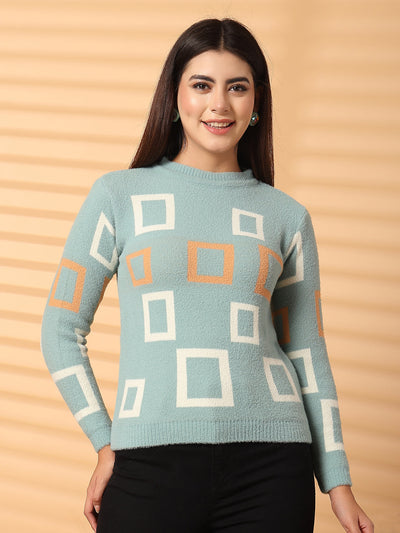 Sea Green Woolen Regular Top with geometric pattern and full sleeves.