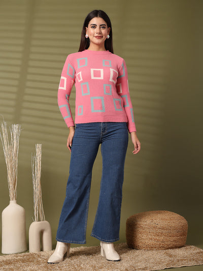 Pink woolen regular top with full sleeves, styled with jeans for a cozy and sophisticated look.