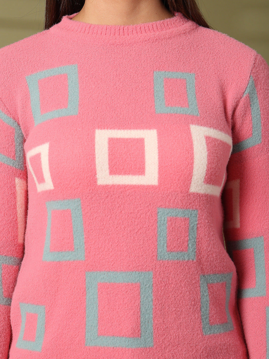 Pink Woolen Regular Top with geometric pattern and full sleeves, ideal for warmth and style.