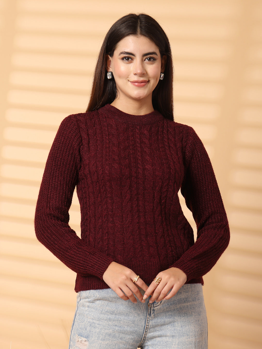 Design woolen top with full sleeves in wine color, ideal for layering in chilly months.