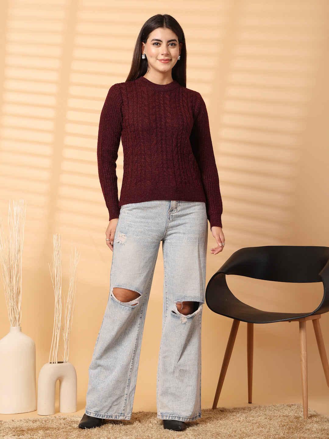 Wine self design woolen top with full sleeves for cozy winter style.