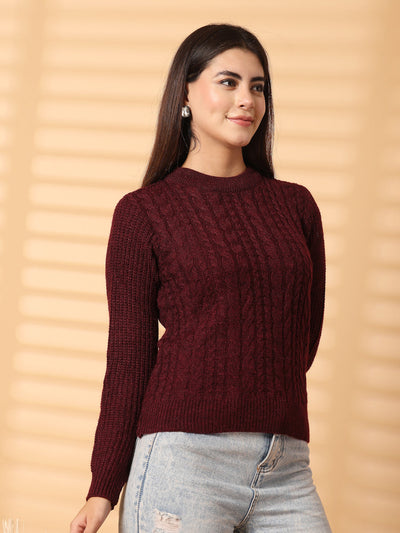 Design woolen top with full sleeves in wine color, crafted from premium-quality wool for warmth and style.