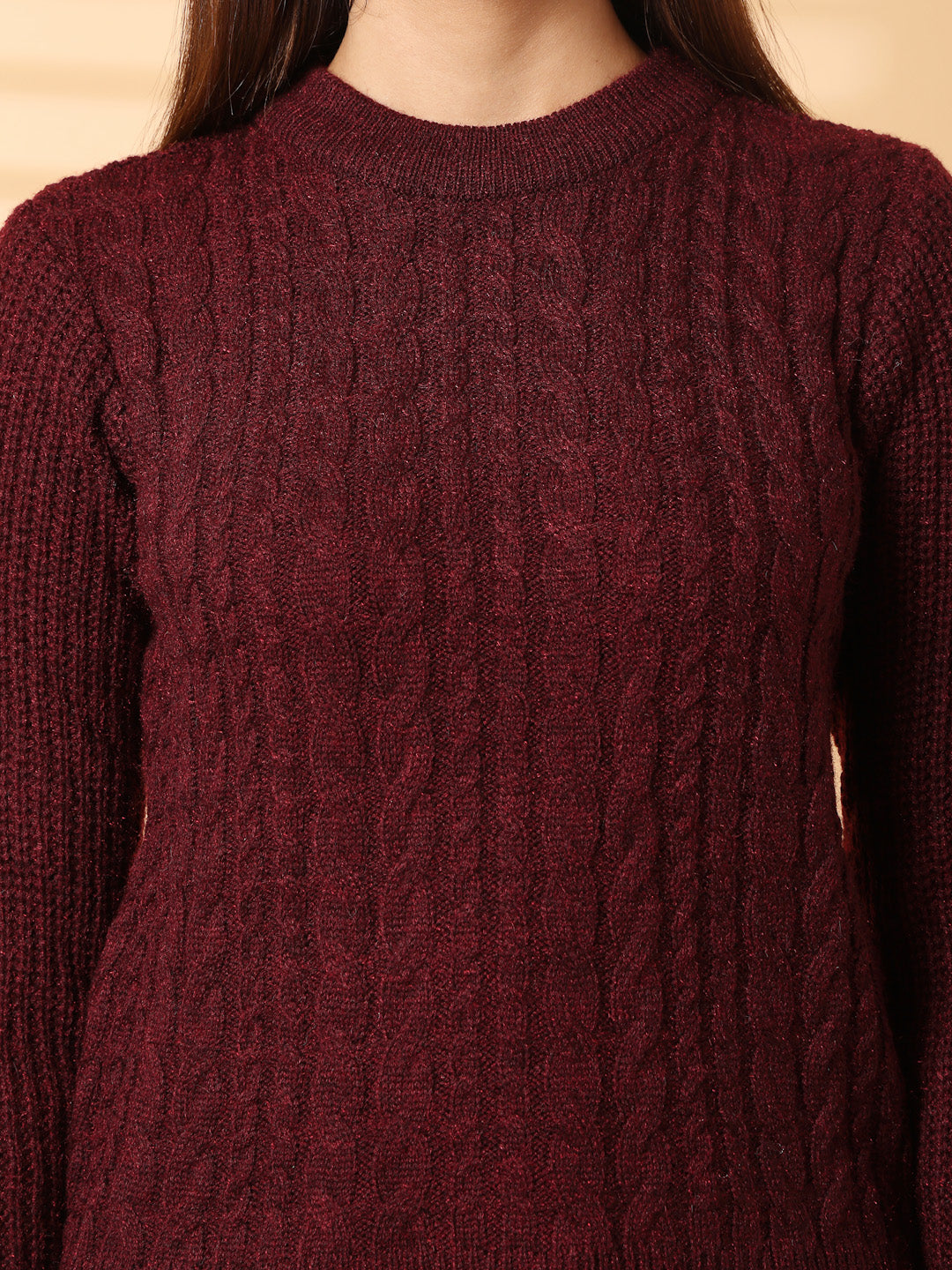 Wine self design woolen top with full sleeves, crafted from soft, premium-quality wool.