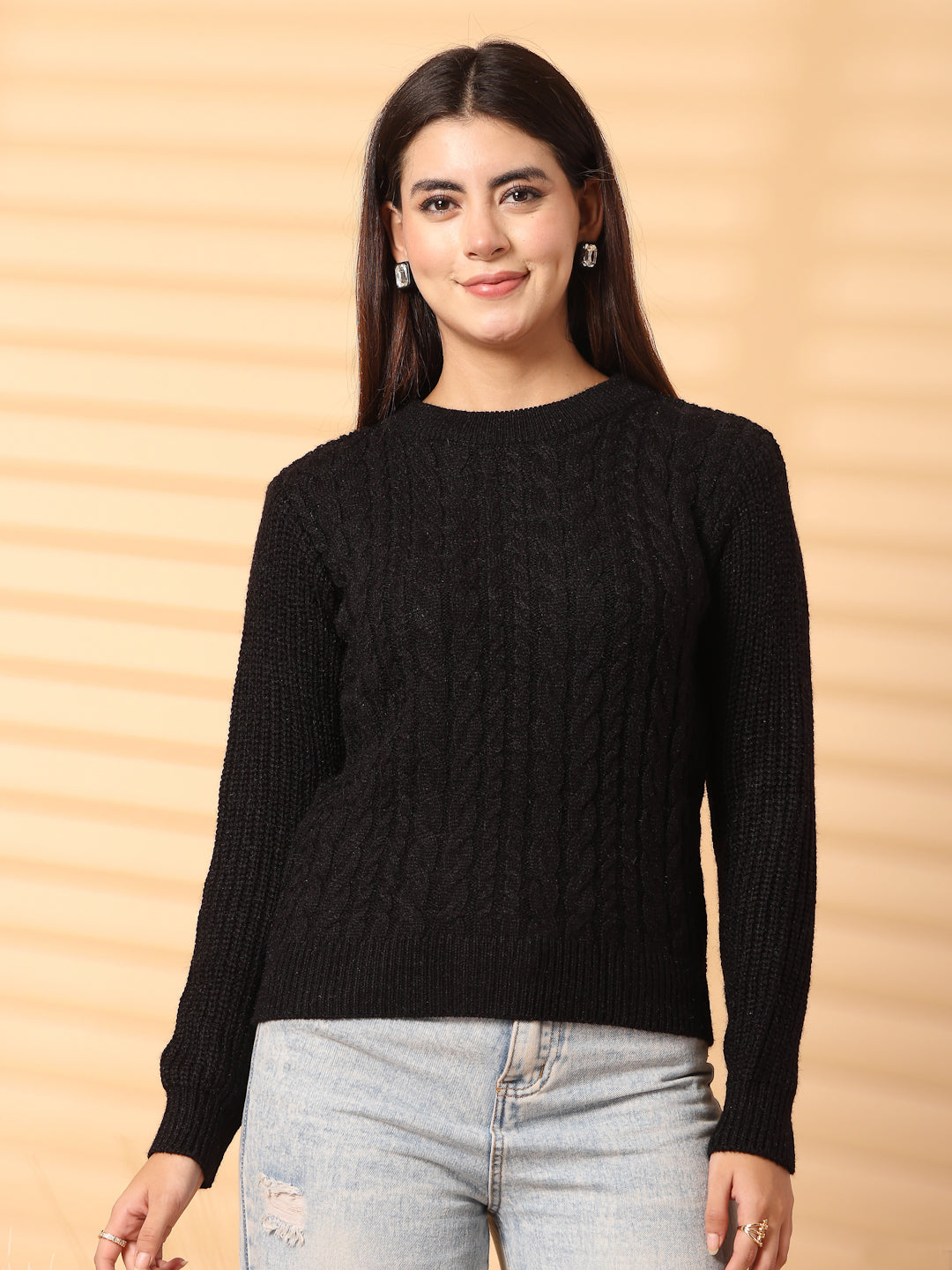 Black Self Design Woolen Top 