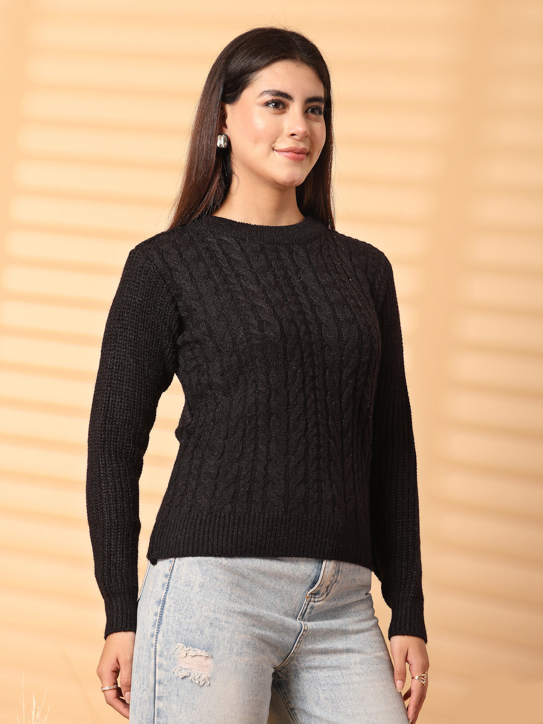 Black Self Design Woolen Top 