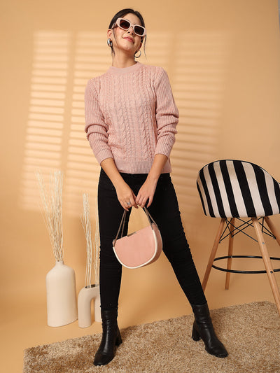 Peach self-design woolen top with full sleeves, styled with black pants and accessories.