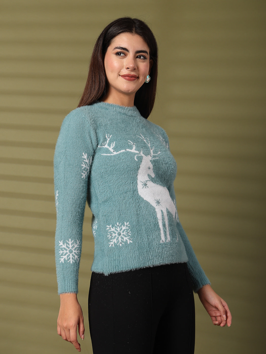 Sea Green Embellished Woolen Crop Top with Reindeer Design and Full Sleeves.