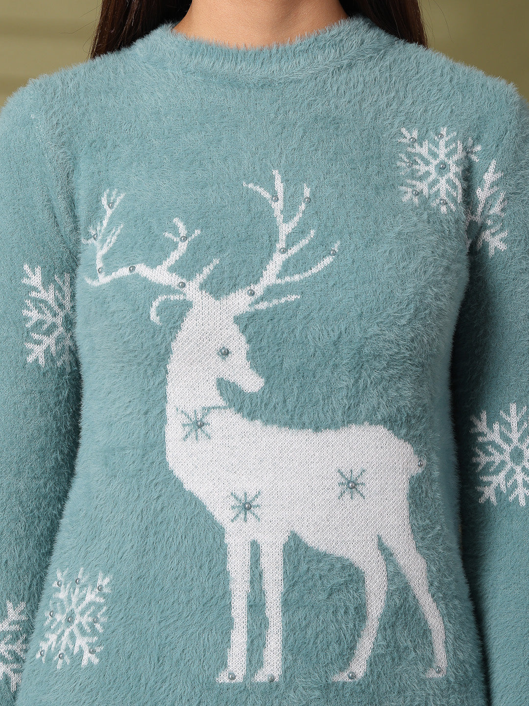 Sea Green Embellished Woolen Crop Top with reindeer and snowflake design.