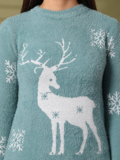 Sea Green Embellished Woolen Crop Top with reindeer and snowflake design.