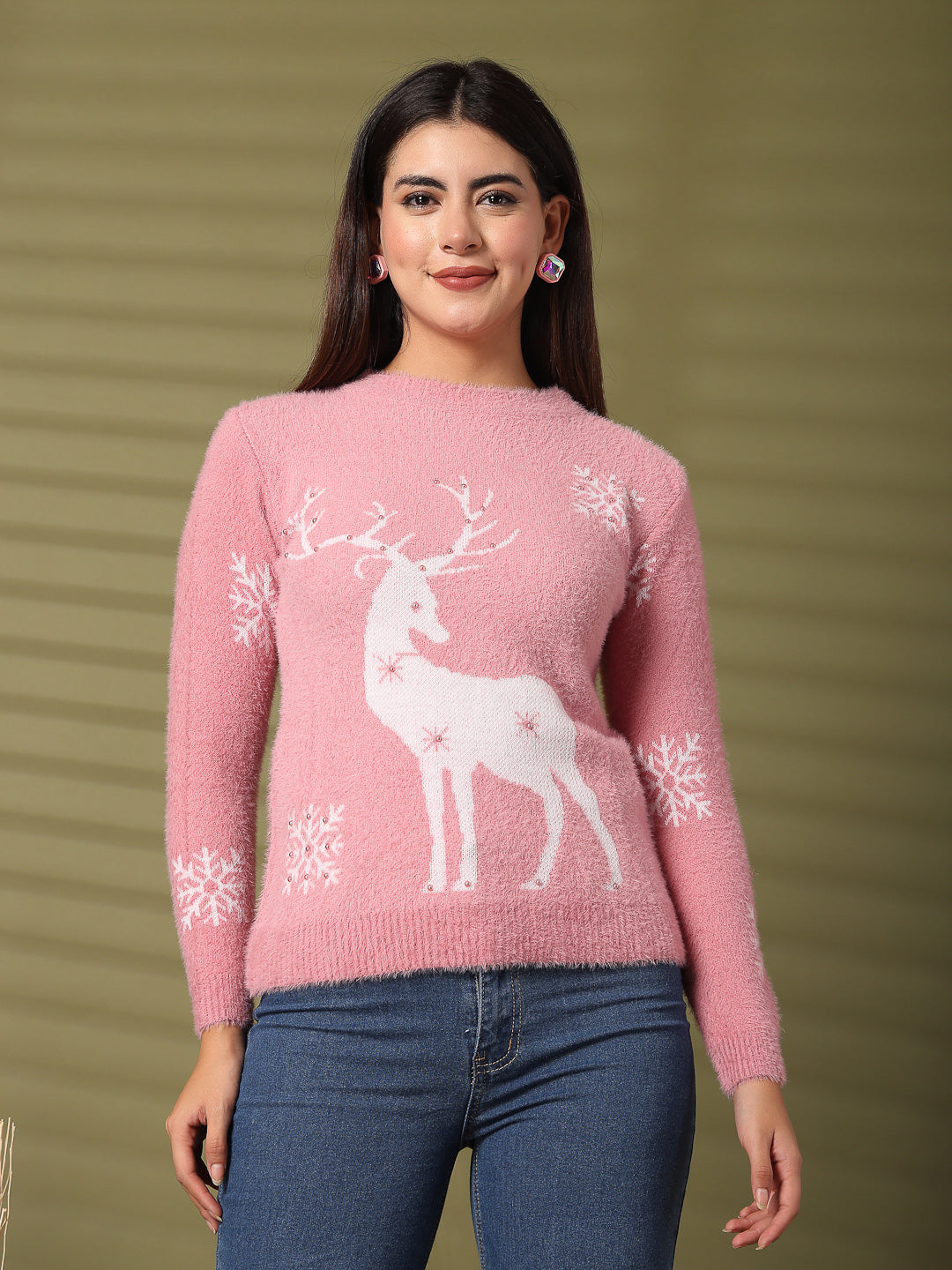 Pink embellished woolen top with deer motif and snowflake details.