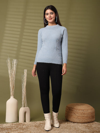 Sky Blue Embellished Woolen Regular Top 