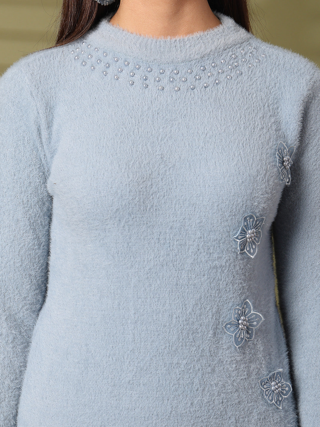 Sky Blue Embellished Woolen Regular Top 