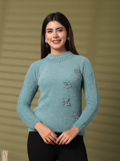 Sea Green Embellished Woolen Regular Top with full sleeves and delicate embellishments.