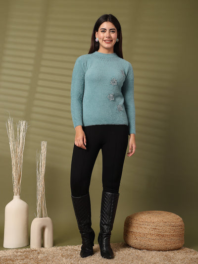 Sea Green Embellished Woolen Regular Top 