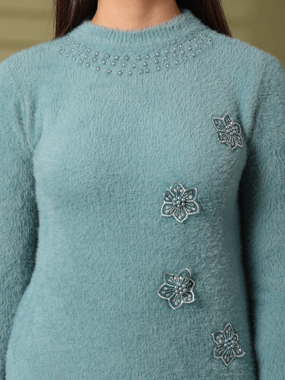 Sea Green Embellished Woolen Regular Top 