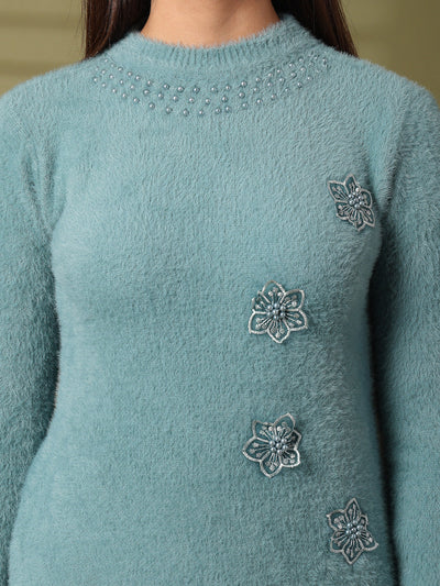 Sea green embellished woolen regular top with delicate floral designs.