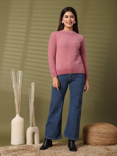 Pink embellished woolen regular top with full sleeves from Clora Creation.