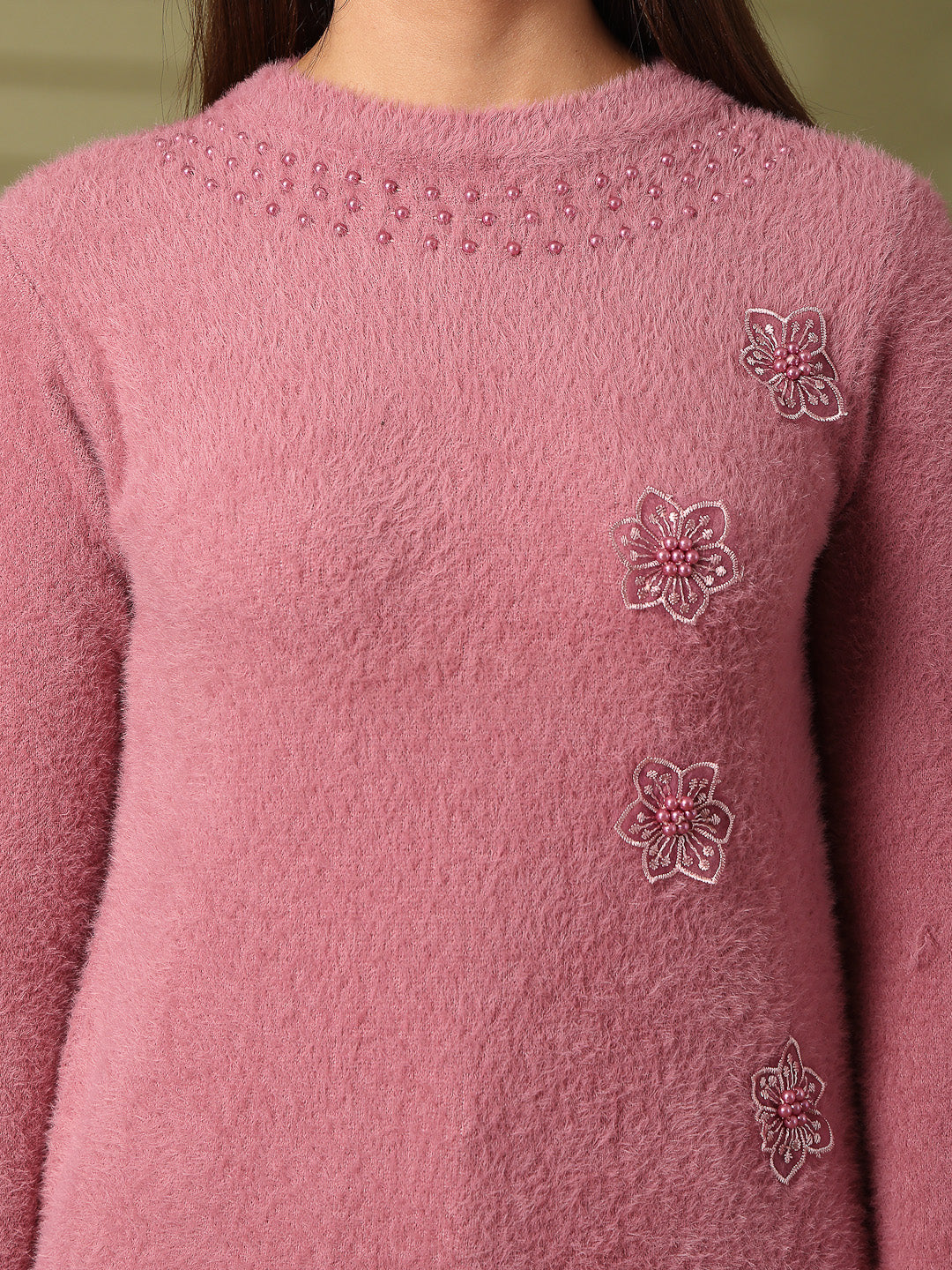 Pink embellished woolen regular top with floral details.