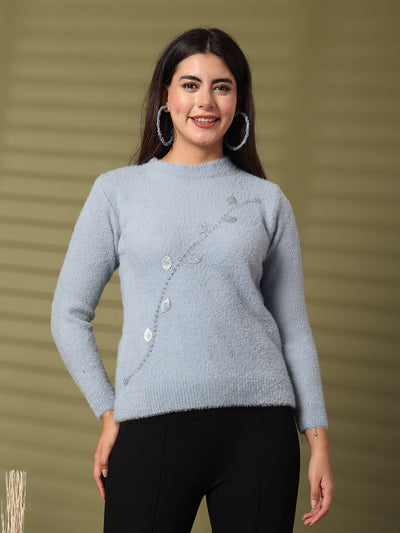 Sky Blue Embellished Woolen Regular Top 