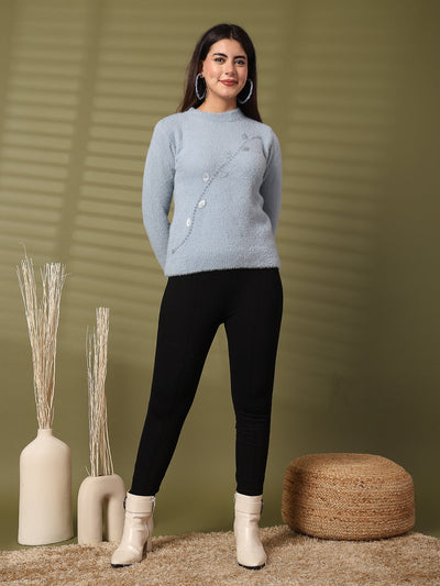 Sky Blue Embellished Woolen Regular Top with full sleeves for a stylish winter look.